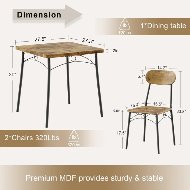 Alt view image 6 of 7 - 3 Piece Small Dining Table Set for 2, Metal and Wood Square Kitchen Dinette for Breakfast Nook, Dining Room, Apartment, Saving Space, Rustic Brown