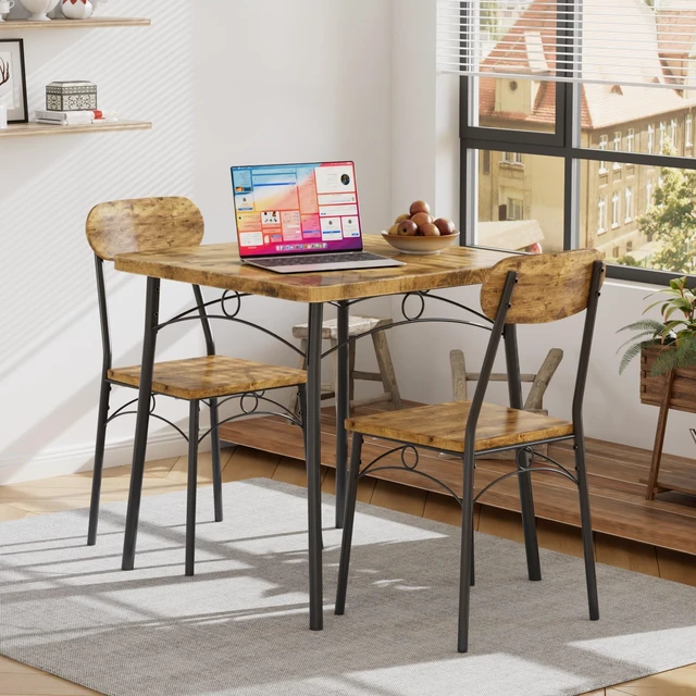 Alt view image 7 of 7 - 3 Piece Small Dining Table Set for 2, Metal and Wood Square Kitchen Dinette for Breakfast Nook, Dining Room, Apartment, Saving Space, Rustic Brown