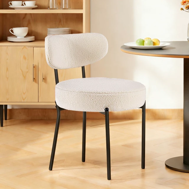 Alt view image 2 of 7 - Dining Chairs, Mid Century Modern Chair Upholstered Curved Backrest | Boucle Dining Chairs Set of 2, Modern Round Upholstered Side Chairs with Black Metal Legs, Modern Beige
