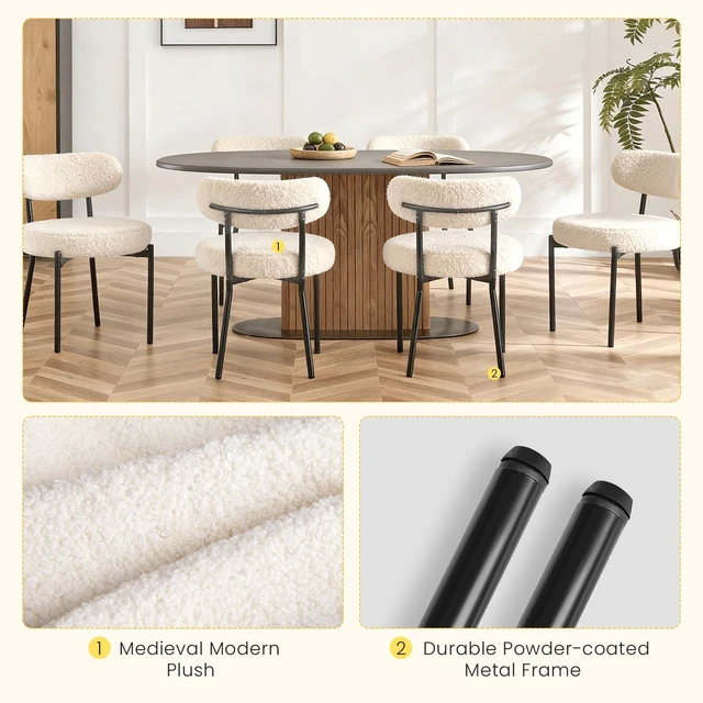 Alt view image 3 of 7 - Dining Chairs, Mid Century Modern Chair Upholstered Curved Backrest | Boucle Dining Chairs Set of 2, Modern Round Upholstered Side Chairs with Black Metal Legs, Modern Beige