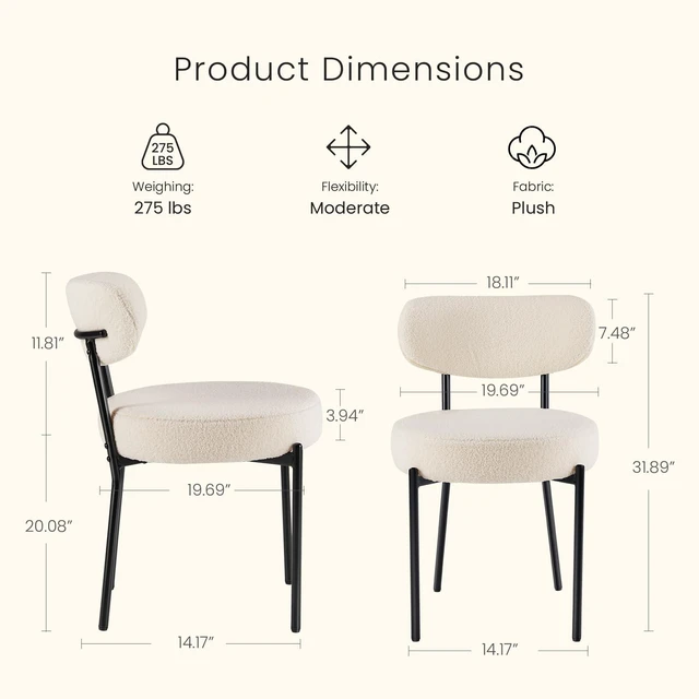 Alt view image 5 of 7 - Dining Chairs, Mid Century Modern Chair Upholstered Curved Backrest | Boucle Dining Chairs Set of 2, Modern Round Upholstered Side Chairs with Black Metal Legs, Modern Beige