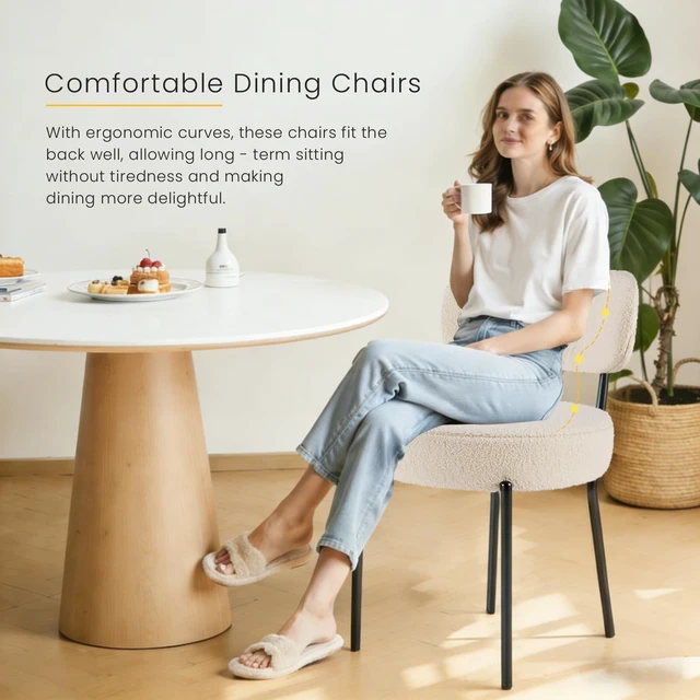 Alt view image 7 of 7 - Dining Chairs, Mid Century Modern Chair Upholstered Curved Backrest | Boucle Dining Chairs Set of 2, Modern Round Upholstered Side Chairs with Black Metal Legs, Modern Beige