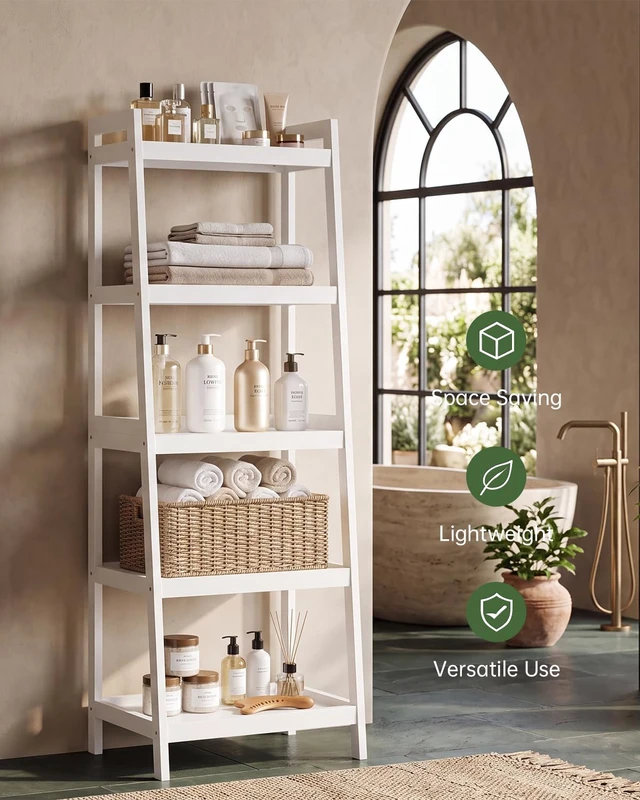 Alt view image 2 of 7 - Bamboo Ladder Bookcase, Bathroom Storage Rack Organizer, 4 Tier and 5 Tier Freestanding Plant Display Stand Space Saver Shelves for Bedroom, Kitchen, Balcony (White, 5 Tiers (50" H))