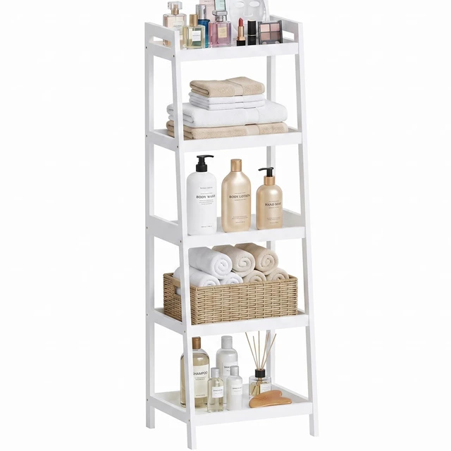 Main image of Bamboo Ladder Bookcase, Bathroom Storage Rack Organizer, 4 Tier and 5 Tier Freestanding Plant Display Stand Space Saver Shelves for Bedroom, Kitchen, Balcony (White, 5 Tiers (50" H))