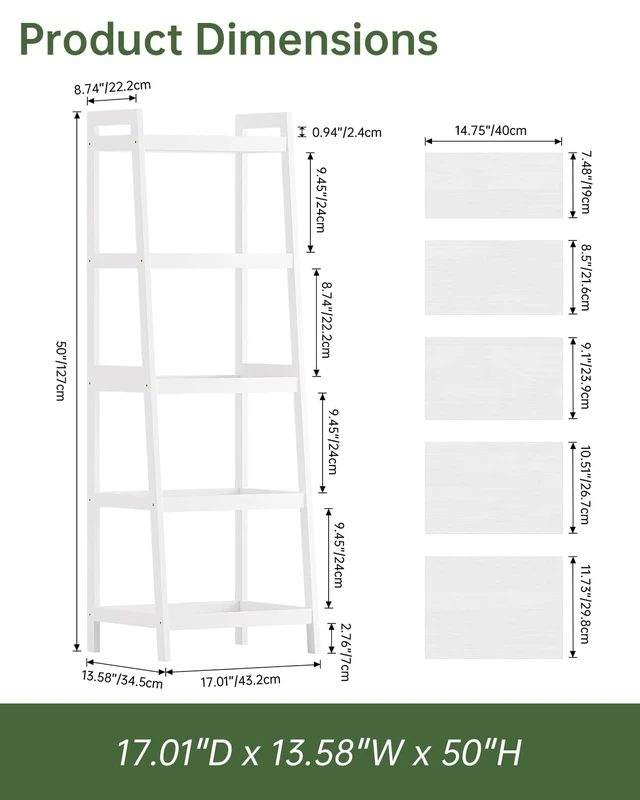 Alt view image 3 of 7 - Bamboo Ladder Bookcase, Bathroom Storage Rack Organizer, 4 Tier and 5 Tier Freestanding Plant Display Stand Space Saver Shelves for Bedroom, Kitchen, Balcony (White, 5 Tiers (50" H))