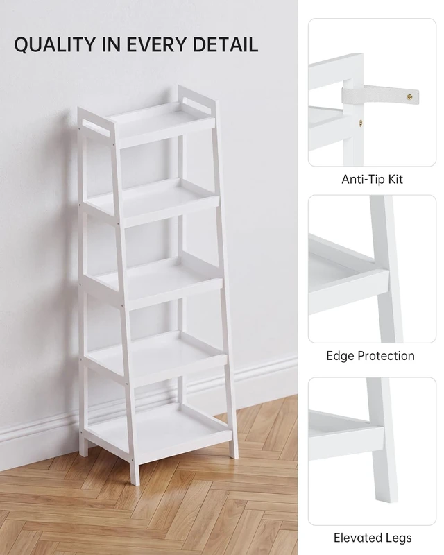 Alt view image 5 of 7 - Bamboo Ladder Bookcase, Bathroom Storage Rack Organizer, 4 Tier and 5 Tier Freestanding Plant Display Stand Space Saver Shelves for Bedroom, Kitchen, Balcony (White, 5 Tiers (50" H))