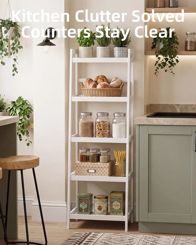 Alt view image 4 of 7 - Bamboo Ladder Bookcase, Bathroom Storage Rack Organizer, 4 Tier and 5 Tier Freestanding Plant Display Stand Space Saver Shelves for Bedroom, Kitchen, Balcony (White, 5 Tiers (50" H))