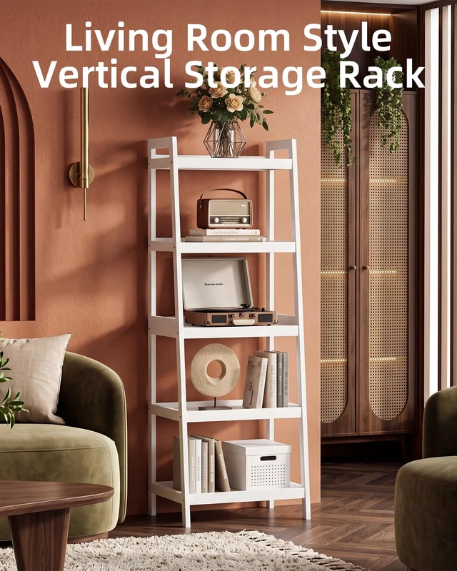 Alt view image 6 of 7 - Bamboo Ladder Bookcase, Bathroom Storage Rack Organizer, 4 Tier and 5 Tier Freestanding Plant Display Stand Space Saver Shelves for Bedroom, Kitchen, Balcony (White, 5 Tiers (50" H))