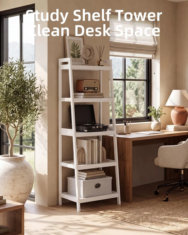 Alt view image 7 of 7 - Bamboo Ladder Bookcase, Bathroom Storage Rack Organizer, 4 Tier and 5 Tier Freestanding Plant Display Stand Space Saver Shelves for Bedroom, Kitchen, Balcony (White, 5 Tiers (50" H))