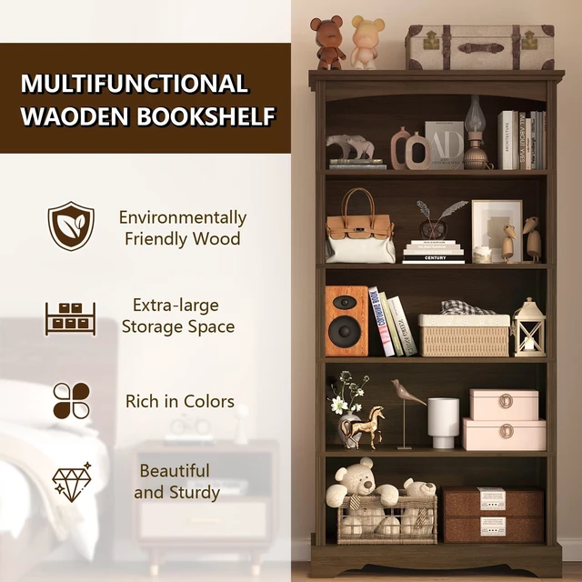 Alt view image 2 of 7 - 5-Tier Wooden Bookshelf, 31.5" W x 65" H ×9.9" D Bookshelf with Storage, Floor Standing Modern Style Display Bookcase for Living Room, Office, Study Room, Entryway, Brown