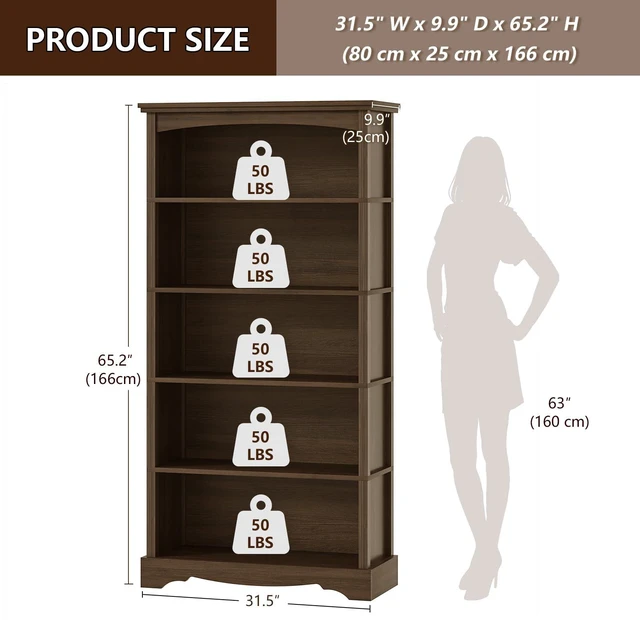 Alt view image 3 of 7 - 5-Tier Wooden Bookshelf, 31.5" W x 65" H ×9.9" D Bookshelf with Storage, Floor Standing Modern Style Display Bookcase for Living Room, Office, Study Room, Entryway, Brown