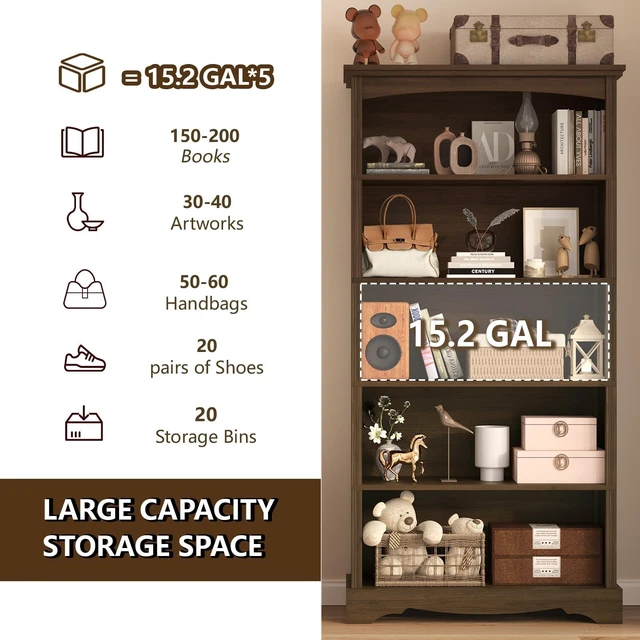 Alt view image 4 of 7 - 5-Tier Wooden Bookshelf, 31.5" W x 65" H ×9.9" D Bookshelf with Storage, Floor Standing Modern Style Display Bookcase for Living Room, Office, Study Room, Entryway, Brown