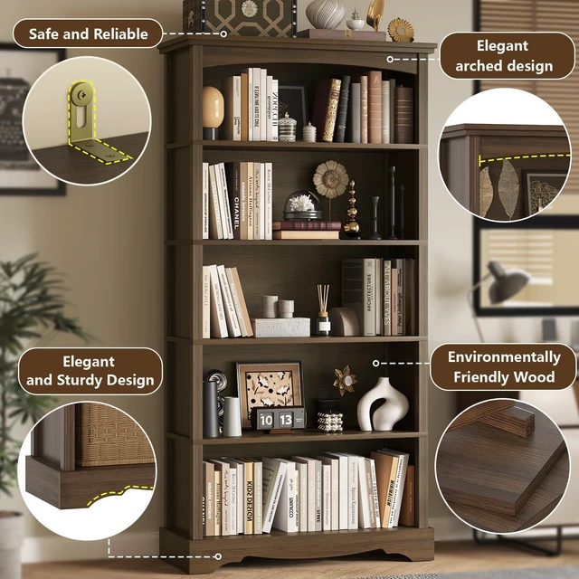 Alt view image 5 of 7 - 5-Tier Wooden Bookshelf, 31.5" W x 65" H ×9.9" D Bookshelf with Storage, Floor Standing Modern Style Display Bookcase for Living Room, Office, Study Room, Entryway, Brown