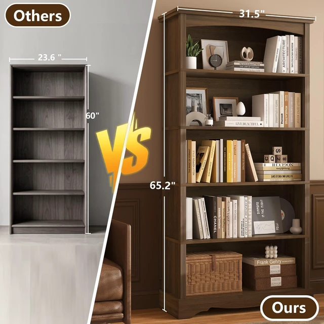 Alt view image 6 of 7 - 5-Tier Wooden Bookshelf, 31.5" W x 65" H ×9.9" D Bookshelf with Storage, Floor Standing Modern Style Display Bookcase for Living Room, Office, Study Room, Entryway, Brown