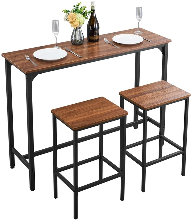 Main image of Bar Table and Chairs Set, 3PCS 47.2 Bars Tables Set with Rounded Edge Design, Rectangular Pub Table with Two Stools for Office Desk, Breakfast Corner, Mini Bars, Walnut Color, Black