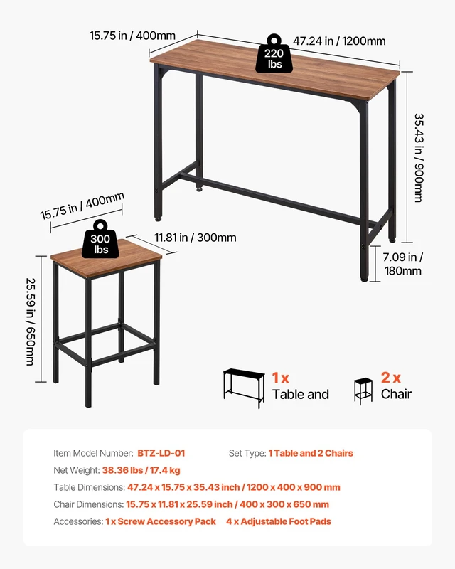 Alt view image 3 of 7 - Bar Table and Chairs Set, 3PCS 47.2 Bars Tables Set with Rounded Edge Design, Rectangular Pub Table with Two Stools for Office Desk, Breakfast Corner, Mini Bars, Walnut Color, Black