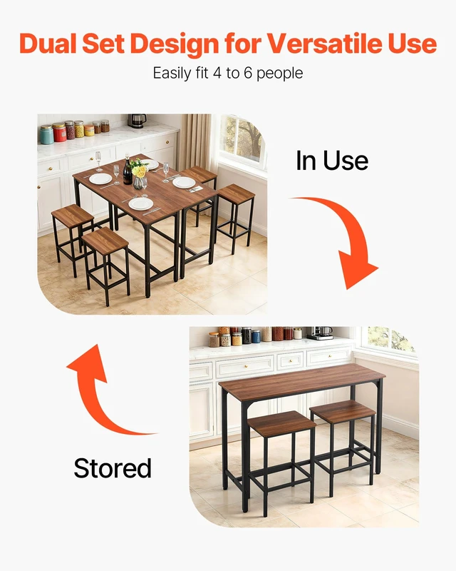 Alt view image 5 of 7 - Bar Table and Chairs Set, 3PCS 47.2 Bars Tables Set with Rounded Edge Design, Rectangular Pub Table with Two Stools for Office Desk, Breakfast Corner, Mini Bars, Walnut Color, Black