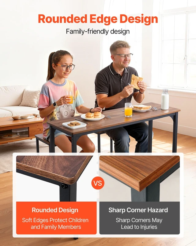 Alt view image 6 of 7 - Bar Table and Chairs Set, 3PCS 47.2 Bars Tables Set with Rounded Edge Design, Rectangular Pub Table with Two Stools for Office Desk, Breakfast Corner, Mini Bars, Walnut Color, Black