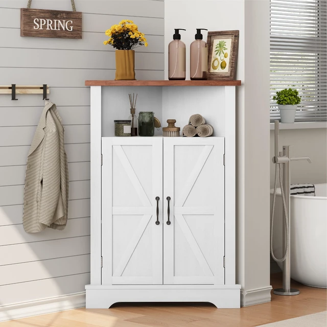 Main image of Bathroom Corner Storage Cabinet, Farmhouse Floor Corner Cabinet with Barn Door and Adjustable Shelf, White Narrow Cabinet Organizer for Bathroom, Living Room, Kitchen