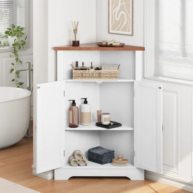 Alt view image 2 of 7 - Bathroom Corner Storage Cabinet, Farmhouse Floor Corner Cabinet with Barn Door and Adjustable Shelf, White Narrow Cabinet Organizer for Bathroom, Living Room, Kitchen