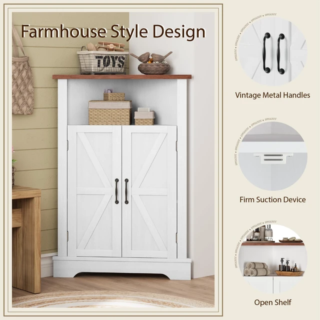 Alt view image 4 of 7 - Bathroom Corner Storage Cabinet, Farmhouse Floor Corner Cabinet with Barn Door and Adjustable Shelf, White Narrow Cabinet Organizer for Bathroom, Living Room, Kitchen