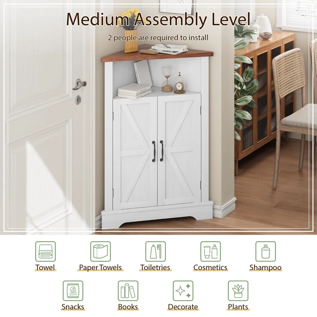 Alt view image 5 of 7 - Bathroom Corner Storage Cabinet, Farmhouse Floor Corner Cabinet with Barn Door and Adjustable Shelf, White Narrow Cabinet Organizer for Bathroom, Living Room, Kitchen