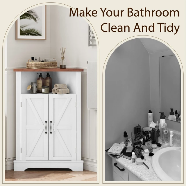 Alt view image 6 of 7 - Bathroom Corner Storage Cabinet, Farmhouse Floor Corner Cabinet with Barn Door and Adjustable Shelf, White Narrow Cabinet Organizer for Bathroom, Living Room, Kitchen