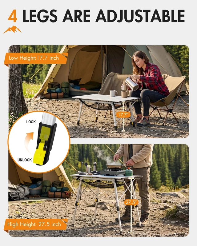 Alt view image 3 of 7 - Outdoor Folding Portable Picnic Camping Table with Adjustable Height Aluminum Roll Up Table Top Mesh Layer, Silver