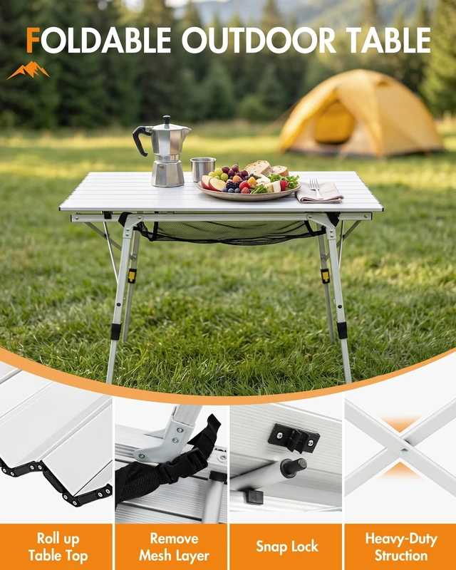 Alt view image 6 of 7 - Outdoor Folding Portable Picnic Camping Table with Adjustable Height Aluminum Roll Up Table Top Mesh Layer, Silver