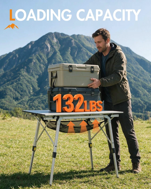 Alt view image 7 of 7 - Outdoor Folding Portable Picnic Camping Table with Adjustable Height Aluminum Roll Up Table Top Mesh Layer, Silver