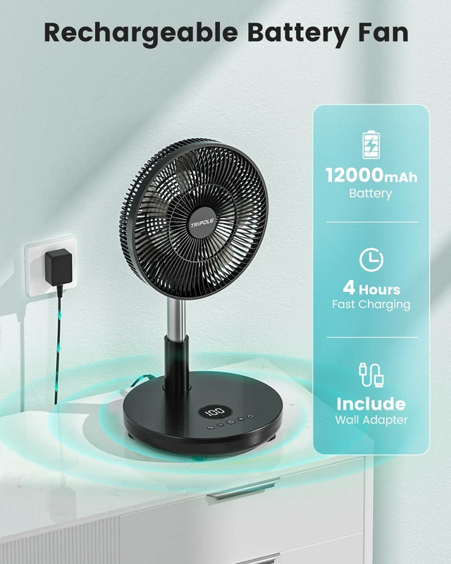 Alt view image 3 of 7 - Foldable Standing Fan 12" Portable Rechargeable Quiet Fans, 6 Speed | Auto-oscillating, 12000mAh Battery Folding Fan, LED Display, Remote Control, Timer Setting, Height Adjustable for Home Office