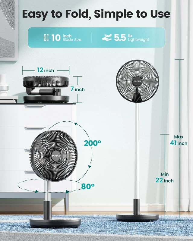 Alt view image 4 of 7 - Foldable Standing Fan 12" Portable Rechargeable Quiet Fans, 6 Speed | Auto-oscillating, 12000mAh Battery Folding Fan, LED Display, Remote Control, Timer Setting, Height Adjustable for Home Office