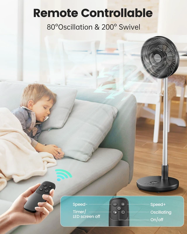 Alt view image 5 of 7 - Foldable Standing Fan 12" Portable Rechargeable Quiet Fans, 6 Speed | Auto-oscillating, 12000mAh Battery Folding Fan, LED Display, Remote Control, Timer Setting, Height Adjustable for Home Office