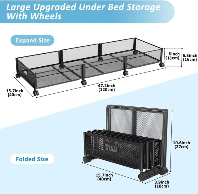 Alt view image 2 of 7 - Under Bed Storage with Wheels 47.2"(L)/57.6L Large Rolling Under Bed Storage, Metal Underbed Containers on Wheels, Tool-Free Assembly Foldable Metal Underbed Drawers for Shoes Clothes Toys