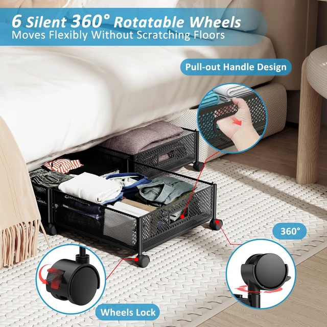 Alt view image 4 of 7 - Under Bed Storage with Wheels 47.2"(L)/57.6L Large Rolling Under Bed Storage, Metal Underbed Containers on Wheels, Tool-Free Assembly Foldable Metal Underbed Drawers for Shoes Clothes Toys