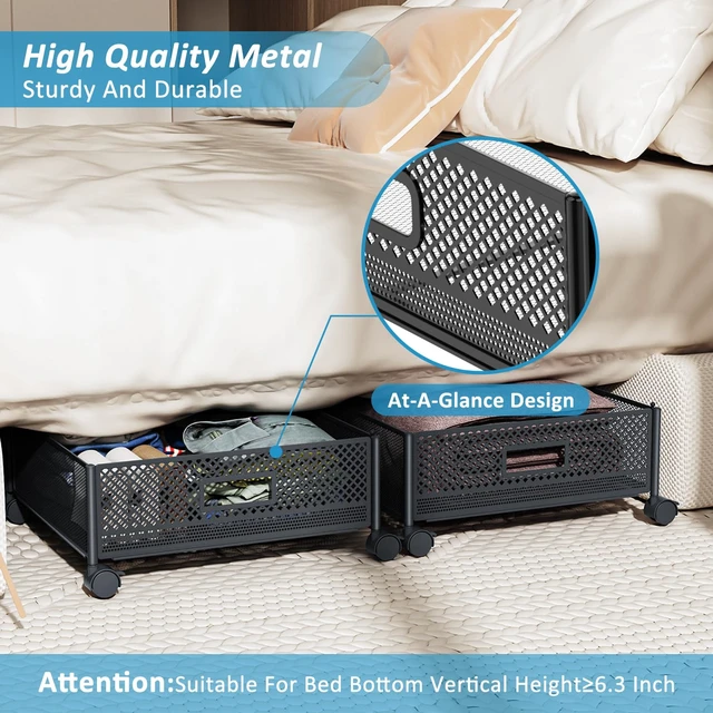 Alt view image 5 of 7 - Under Bed Storage with Wheels 47.2"(L)/57.6L Large Rolling Under Bed Storage, Metal Underbed Containers on Wheels, Tool-Free Assembly Foldable Metal Underbed Drawers for Shoes Clothes Toys