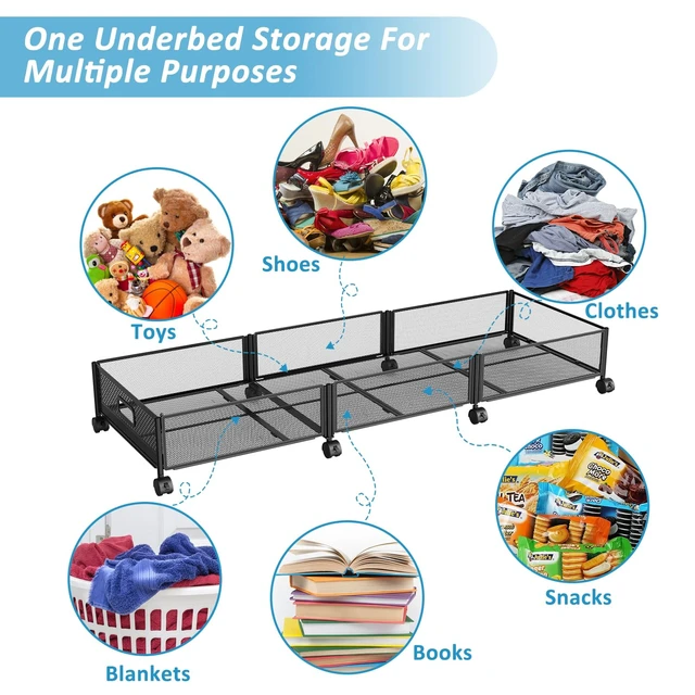 Alt view image 7 of 7 - Under Bed Storage with Wheels 47.2"(L)/57.6L Large Rolling Under Bed Storage, Metal Underbed Containers on Wheels, Tool-Free Assembly Foldable Metal Underbed Drawers for Shoes Clothes Toys