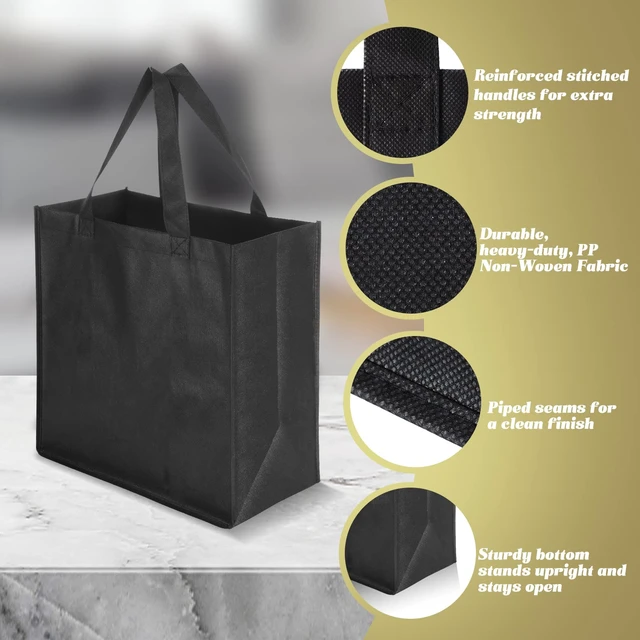 Alt view image 5 of 7 - 100 PCS Non Woven Tote Bags Bulk,Black | Reusable Shopping Bags with Handles, Stores, Groceries Markets, Events Gift, Party Supplies