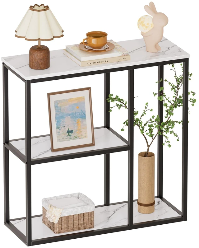 Main image of Console Table, 12 Inch Narrow Entryway Table for Living Room, 31.5 Inch Modern Industrial Sofa Table with 3-Tier Storage Shelves for Corridor, Hallway, White Marble