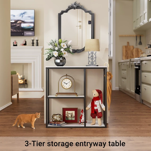 Alt view image 3 of 7 - Console Table, 12 Inch Narrow Entryway Table for Living Room, 31.5 Inch Modern Industrial Sofa Table with 3-Tier Storage Shelves for Corridor, Hallway, White Marble