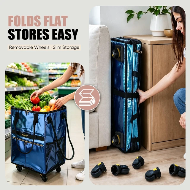 Alt view image 4 of 7 - Reusable Foldable Rolling Grocery Bag on 5 Wheels,Large,Black | Detachable 5 casters, Heavy duty Rolling Tote, Holds Up to 115 lbs, packs flat, ideal for laundry, moving & grocery shopping