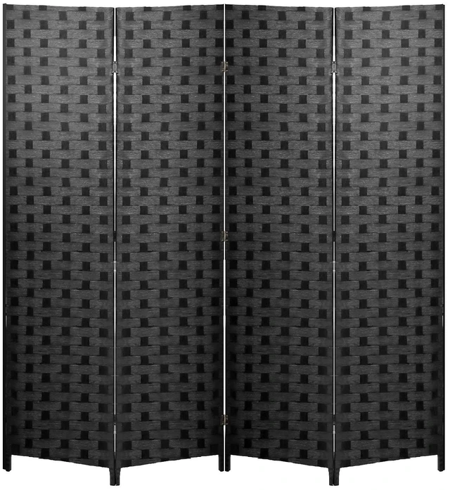 Main image of 4-Panel Folding Room Divider | 6ft, Black | Light & Portable | Wooden Wall Divider with Hand Woven Mesh | Easy to Move Privacy Screen | For Space Separation, Living Room, Bedroom, Office