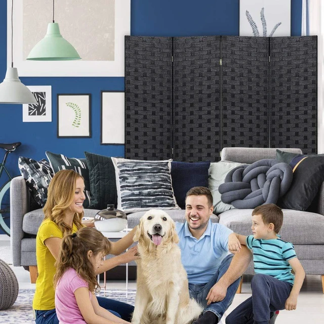 Alt view image 3 of 7 - 4-Panel Folding Room Divider | 6ft, Black | Light & Portable | Wooden Wall Divider with Hand Woven Mesh | Easy to Move Privacy Screen | For Space Separation, Living Room, Bedroom, Office