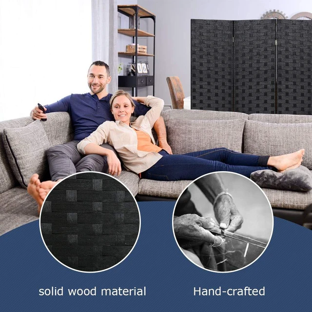 Alt view image 5 of 7 - 4-Panel Folding Room Divider | 6ft, Black | Light & Portable | Wooden Wall Divider with Hand Woven Mesh | Easy to Move Privacy Screen | For Space Separation, Living Room, Bedroom, Office