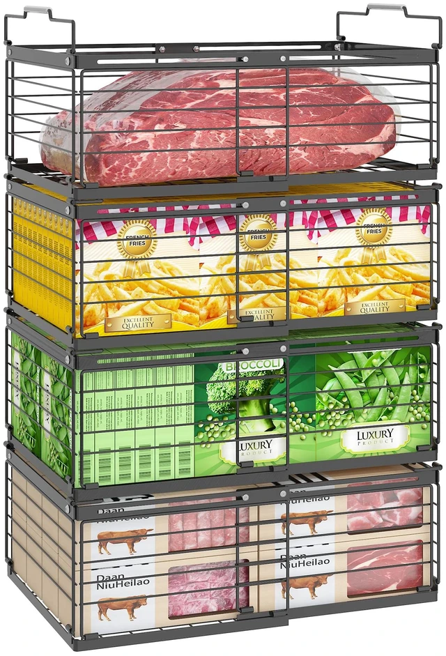 Main image of Expandable Chest Freezer Organizer, Stackable Wire Baskets | Adjustable 11-17.3 Inches, Heavy Duty 35 lbs Capacity, Foldable Handles, 360° Airflow, Fits 5-20 Cu Ft Models, 4 Pack
