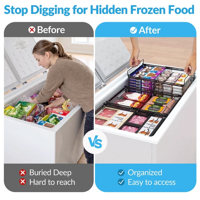 Alt view image 2 of 7 - Expandable Chest Freezer Organizer, Stackable Wire Baskets | Adjustable 11-17.3 Inches, Heavy Duty 35 lbs Capacity, Foldable Handles, 360° Airflow, Fits 5-20 Cu Ft Models, 4 Pack