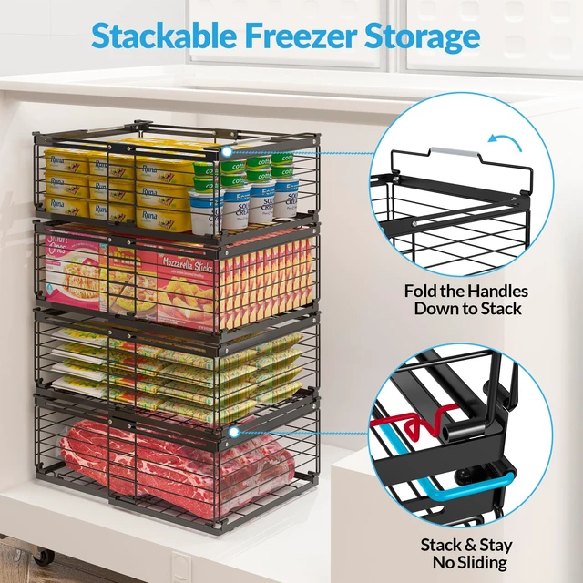 Alt view image 3 of 7 - Expandable Chest Freezer Organizer, Stackable Wire Baskets | Adjustable 11-17.3 Inches, Heavy Duty 35 lbs Capacity, Foldable Handles, 360° Airflow, Fits 5-20 Cu Ft Models, 4 Pack