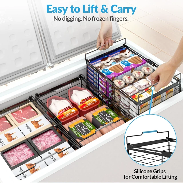 Alt view image 5 of 7 - Expandable Chest Freezer Organizer, Stackable Wire Baskets | Adjustable 11-17.3 Inches, Heavy Duty 35 lbs Capacity, Foldable Handles, 360° Airflow, Fits 5-20 Cu Ft Models, 4 Pack
