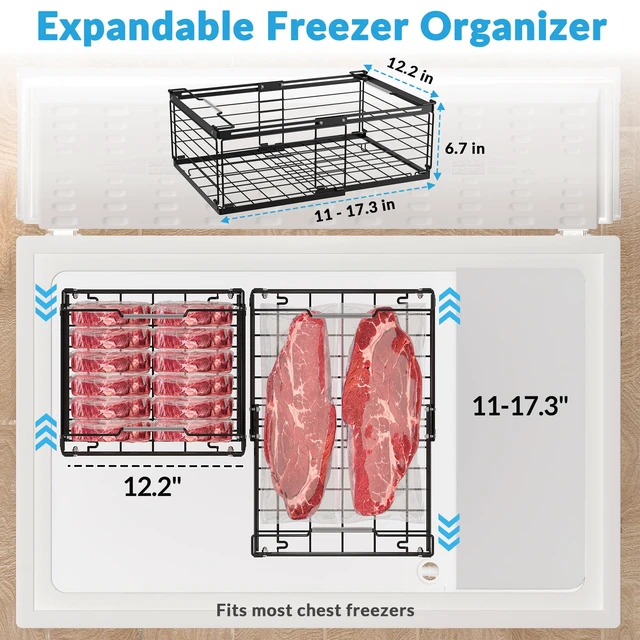Alt view image 4 of 7 - Expandable Chest Freezer Organizer, Stackable Wire Baskets | Adjustable 11-17.3 Inches, Heavy Duty 35 lbs Capacity, Foldable Handles, 360° Airflow, Fits 5-20 Cu Ft Models, 4 Pack