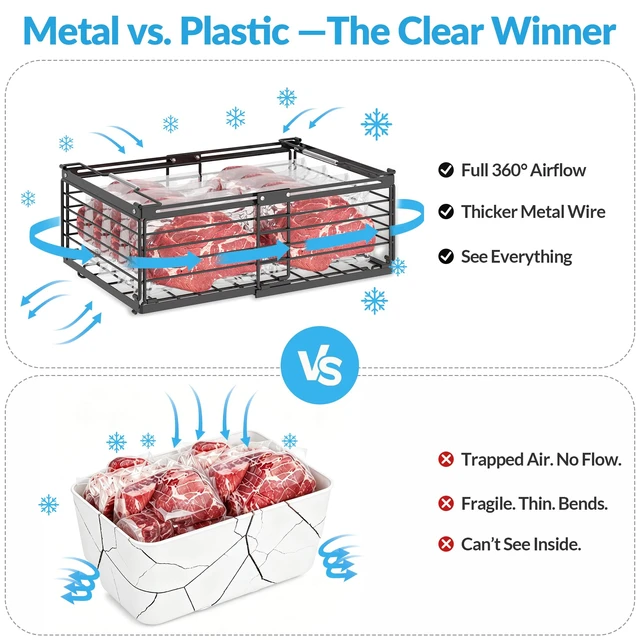Alt view image 6 of 7 - Expandable Chest Freezer Organizer, Stackable Wire Baskets | Adjustable 11-17.3 Inches, Heavy Duty 35 lbs Capacity, Foldable Handles, 360° Airflow, Fits 5-20 Cu Ft Models, 4 Pack